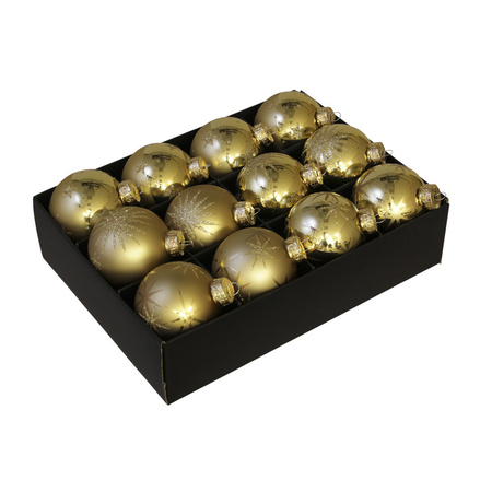 24x Luxe glazen gouden sneeuwvlokken/sterren kerstballen 7,5 cm