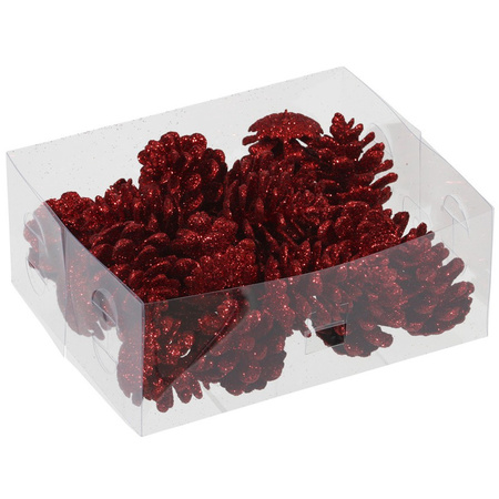 24x Red glitter decoration pines 4,5 cm