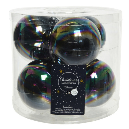 24x stuks glazen kerstballen zwart parelmoer 8 cm glans