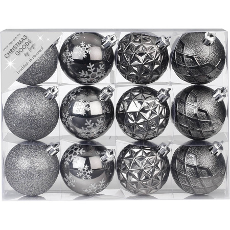24x stuks luxe gedecoreerde kunststof kerstballen antraciet mix 6 cm