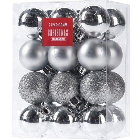 24x Silver Christmas baubles 3 cm plastic matte/shiny/glitter