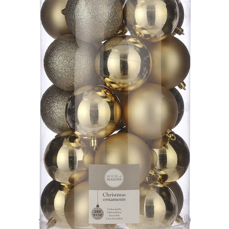 25x Plastic christmas baubles gold 8 cm