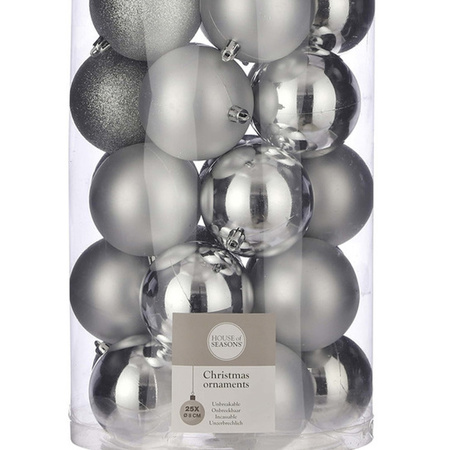 25x Plastic christmas baubles silver 8 cm