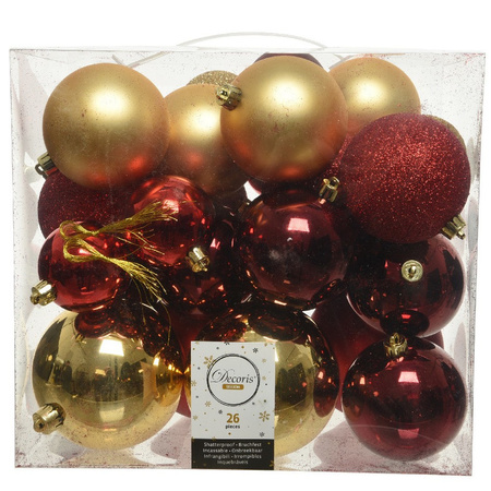 26 Stuks kunststof kerstballen mix goud-rood 6, 8, 10 cm