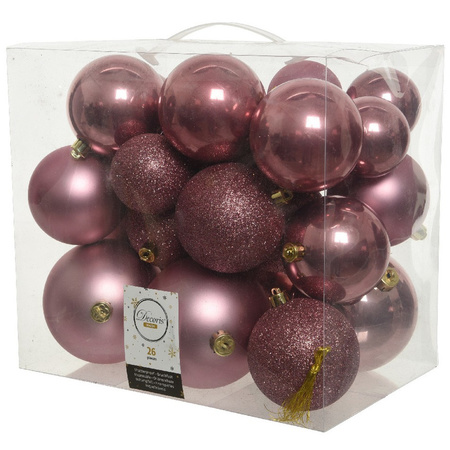 26 stuks oud roze kerstballen 6-8-10 cm kunststof 