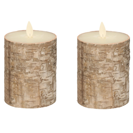 2x Bruine berkenhout kleur Led kaarsen / stompkaarsen 10 cm