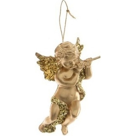 2x Gouden engelen met dwarsfluit kerst hangdecoratie 10 cm