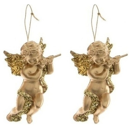 2x Gold angels with flute Christmas tree decoration 10 cm
