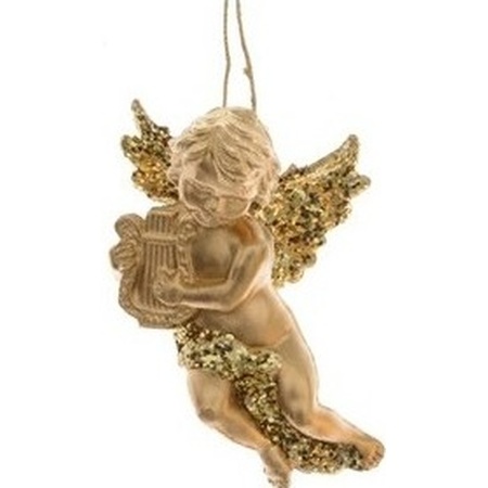 2x Gouden engelen met harp kerstversiering hangdecoratie 10 cm
