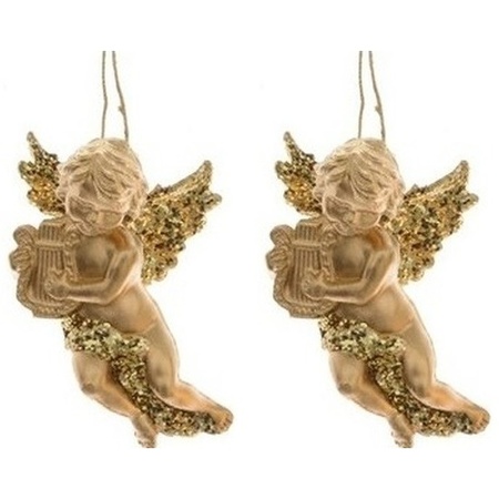 2x Gouden engelen met harp kerstversiering hangdecoratie 10 cm
