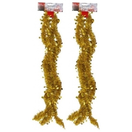  2x Gold tinsel Christmas garlands with stars 270 cm