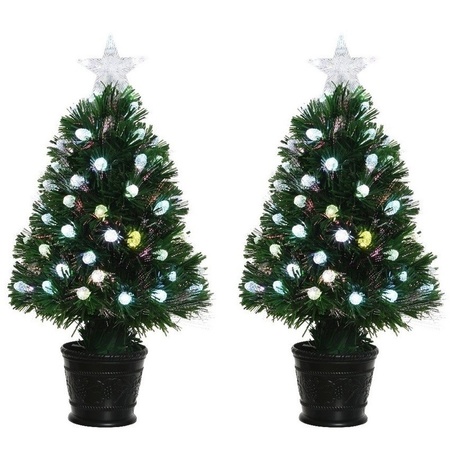 2x Groene glasvezel kunstkerstbomen 90 cm met LED knipperende lampjes