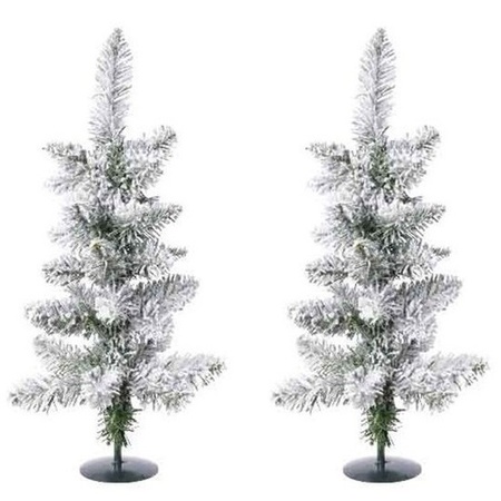 2x Green artificial trees 60 cm with snow