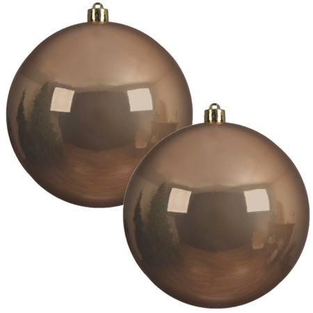 2x Grote camel bruine kerstballen 20 cm glans van kunststof