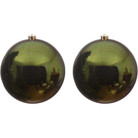 2x Grote donkergroene kerstballen van 14 cm glans van kunststof