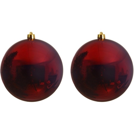 2x Grote donkerrode kerstballen van 14 cm glans van kunststof