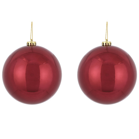 2x Grote kunststof kerstballen donkerrood 15 cm