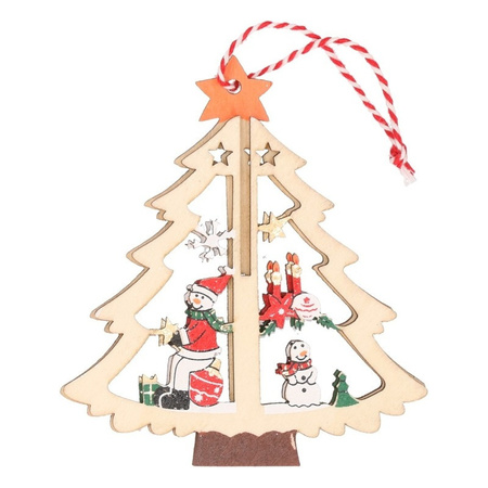 2x Wooden tree with snowman Christmas decoration 10 cm