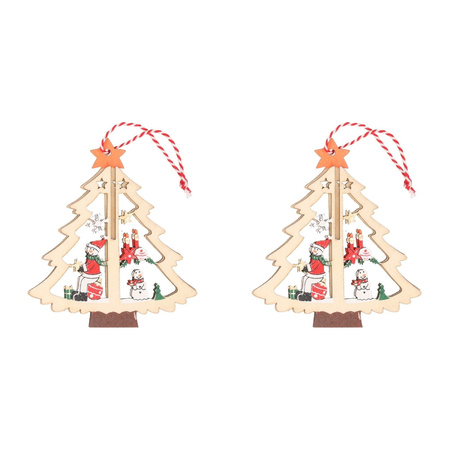 2x Houten bomen met sneeuwpop kerstversiering hangdecoratie 10 cm