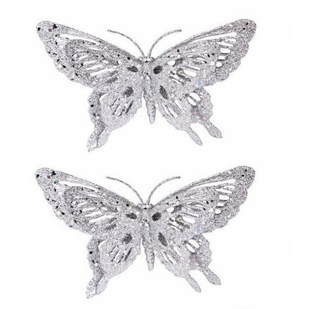 2x Christmas deco butterfly silver 15 x 11 cm
