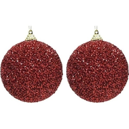 2x Christmas red glitter beads baubles 8 cm plastic