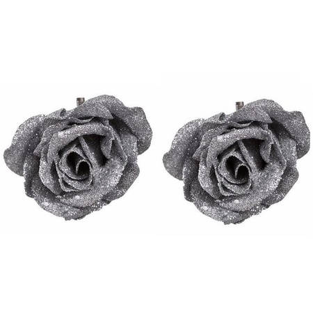 2x Christmas tree decoration rose silver on clip 9 cm