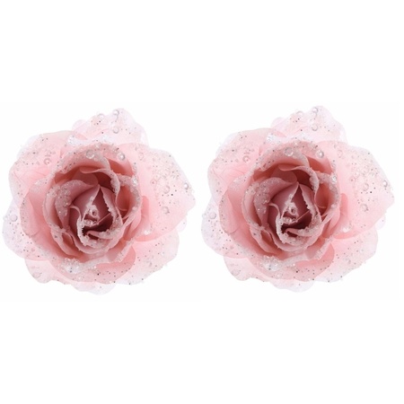 2x Kerstboom decoratie roos poeder roze 14 cm