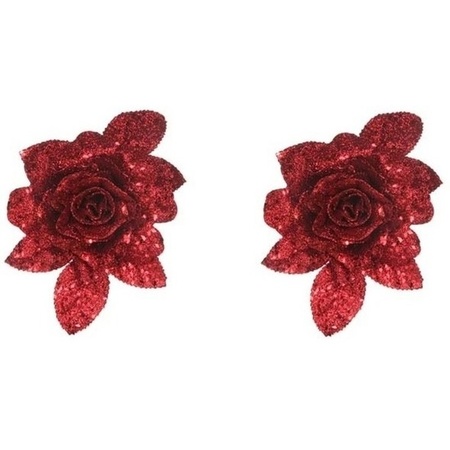 2x Christmas tree deco red glitter rose on clip 15 cm