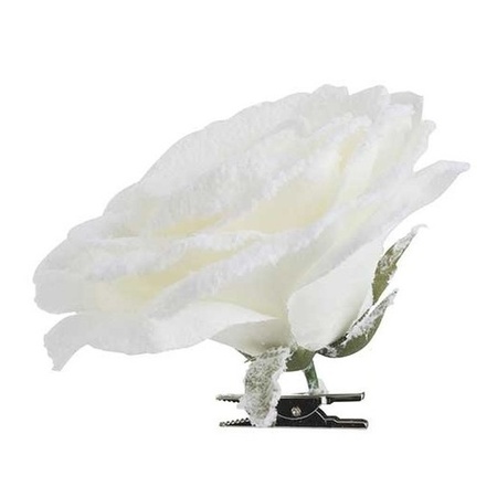 2x Kerstboomversiering bloem op clip witte besneeuwde roos 15 cm