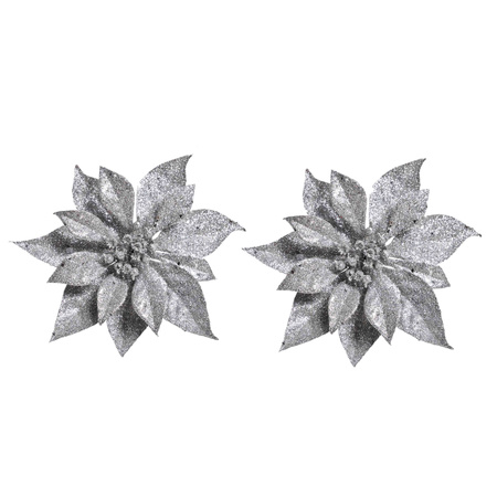 2x Kerstboomversiering bloem op clip zilveren kerstster 18 cm