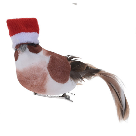 2x Kerstboomversiering bruine vogels met kerstmuts op clip 12 cm