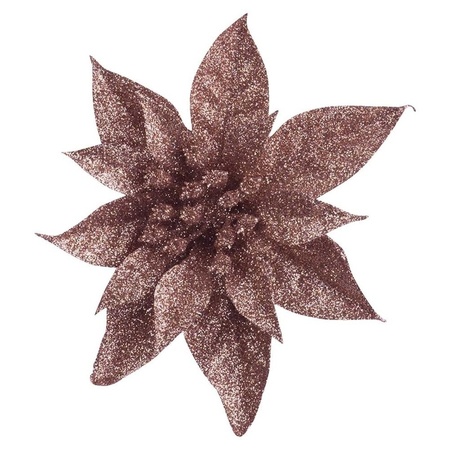 2x Kerstboomversiering op clip donker beige glitter bloem 15 cm