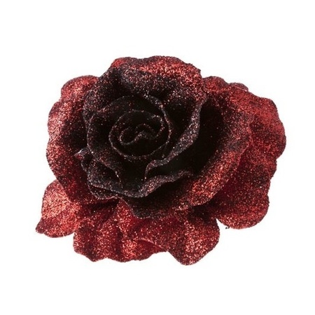 2x Christmas tree deco dark red glitter rose on clip 10 cm