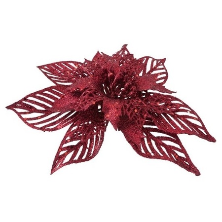 2x Kerstboomversiering op clip rode bloem 18 cm