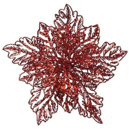 2x Kerstboomversiering op clip rode glitter bloem 23 cm