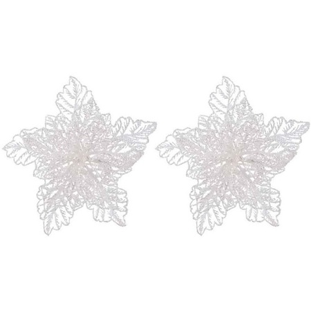 2x Kerstboomversiering op clip witte glitter bloem 23 cm