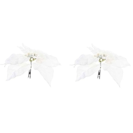 2x Kerstboomversiering op clip witte glitter bloem 24 cm
