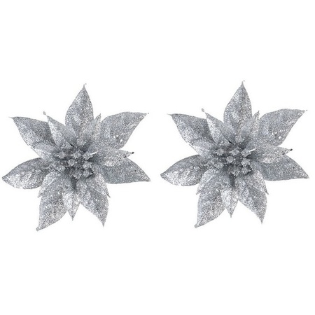 2x Kerstboomversiering op clip zilveren glitter bloem 15 cm