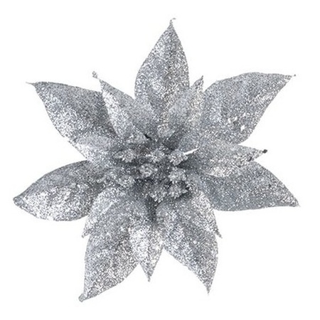 2x Christmas tree deco silver glitter poinsettia on clip 15 cm