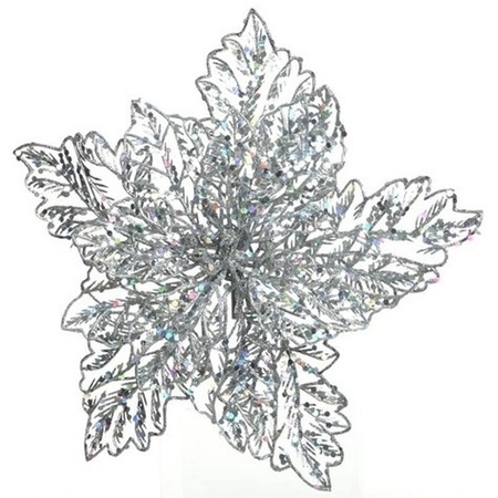 2x Christmas deco silver glitter poinsettia on clip 23 x 10 cm