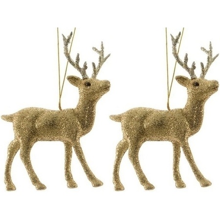 2x Christmas tree decoration golden glitter deer 12 cm