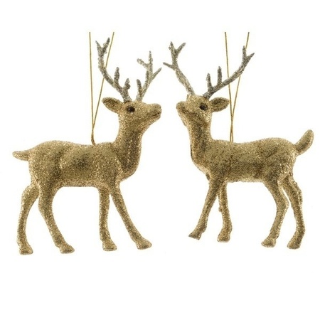 2x Christmas tree decoration golden glitter deer 12 cm