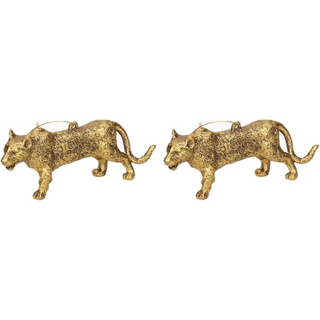 2x Kersthangers figuurtjes luipaard goud 12,5 cm