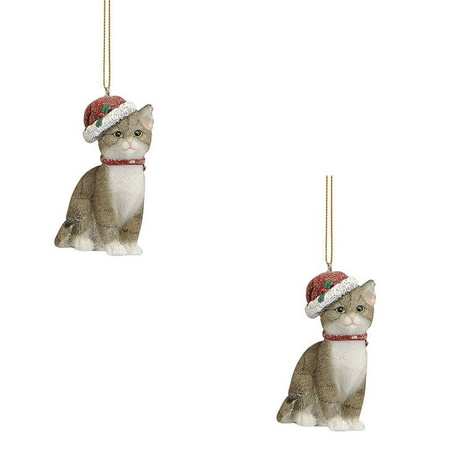 2x Christmas hanging decoration grey cat with santa hat 9 cm