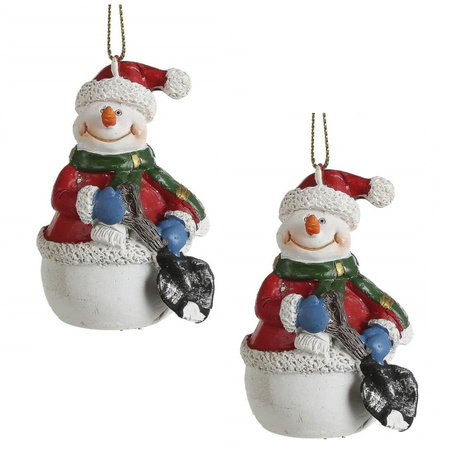 2x Kersthangers sneeuwpop beeldjes met blauwe handschoenen 8 cm
