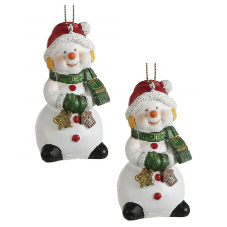 2x Kersthangers sneeuwpop beeldjes met groene handschoenen 8 cm