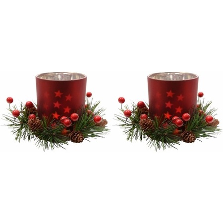 2x Christmas deco red tealight holders 8 cm