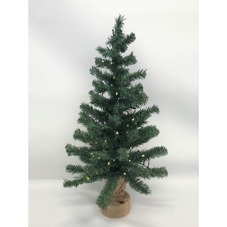 2x Kleine kerstbomen in jute zak inclusief verlichting 75 cm