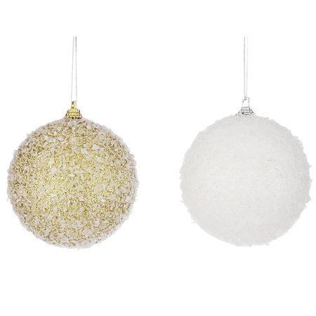 2x Plastic baubles / snowballs gold and white 8 cm