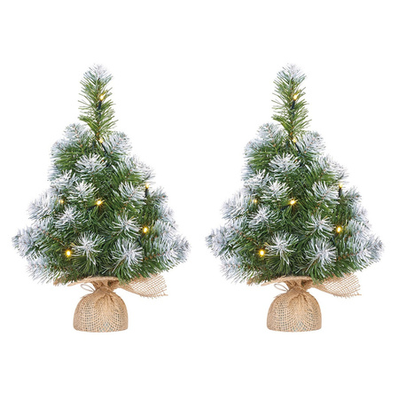 2x Mini kunst kerstboom met 10 LED lampjes en sneeuw 45 cm